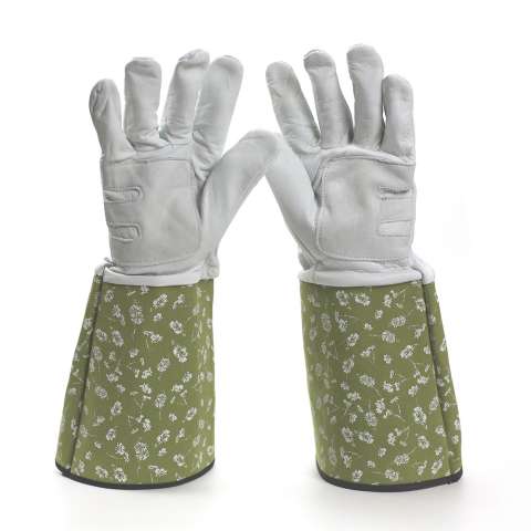 Ladies long cuff leather palm reinforced garden pruning working gloves