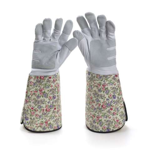 Female using long cuff goat and pig skin leather garden pruning working gloves
