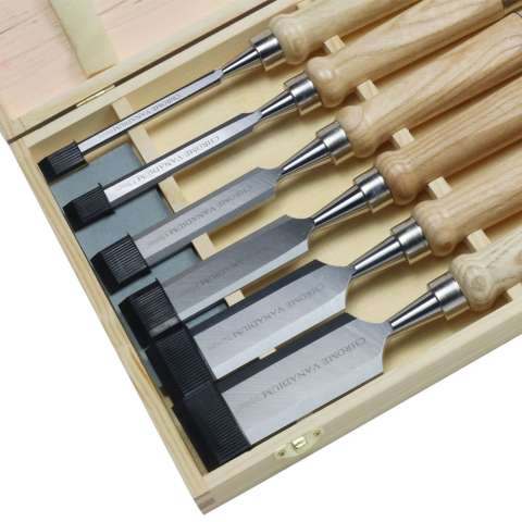 6pcs straight flat wooden handle wood chisels