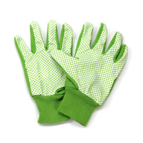 Green color cotton knitted fabric safety working glove with PVC dotted palm
