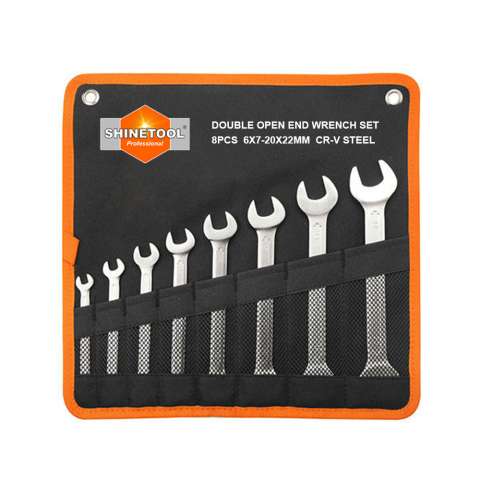 Double open end wrench set with canvas hanging bag