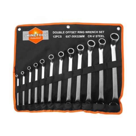 8/12pcs double offset ring wrench set with canvas hanging bag
